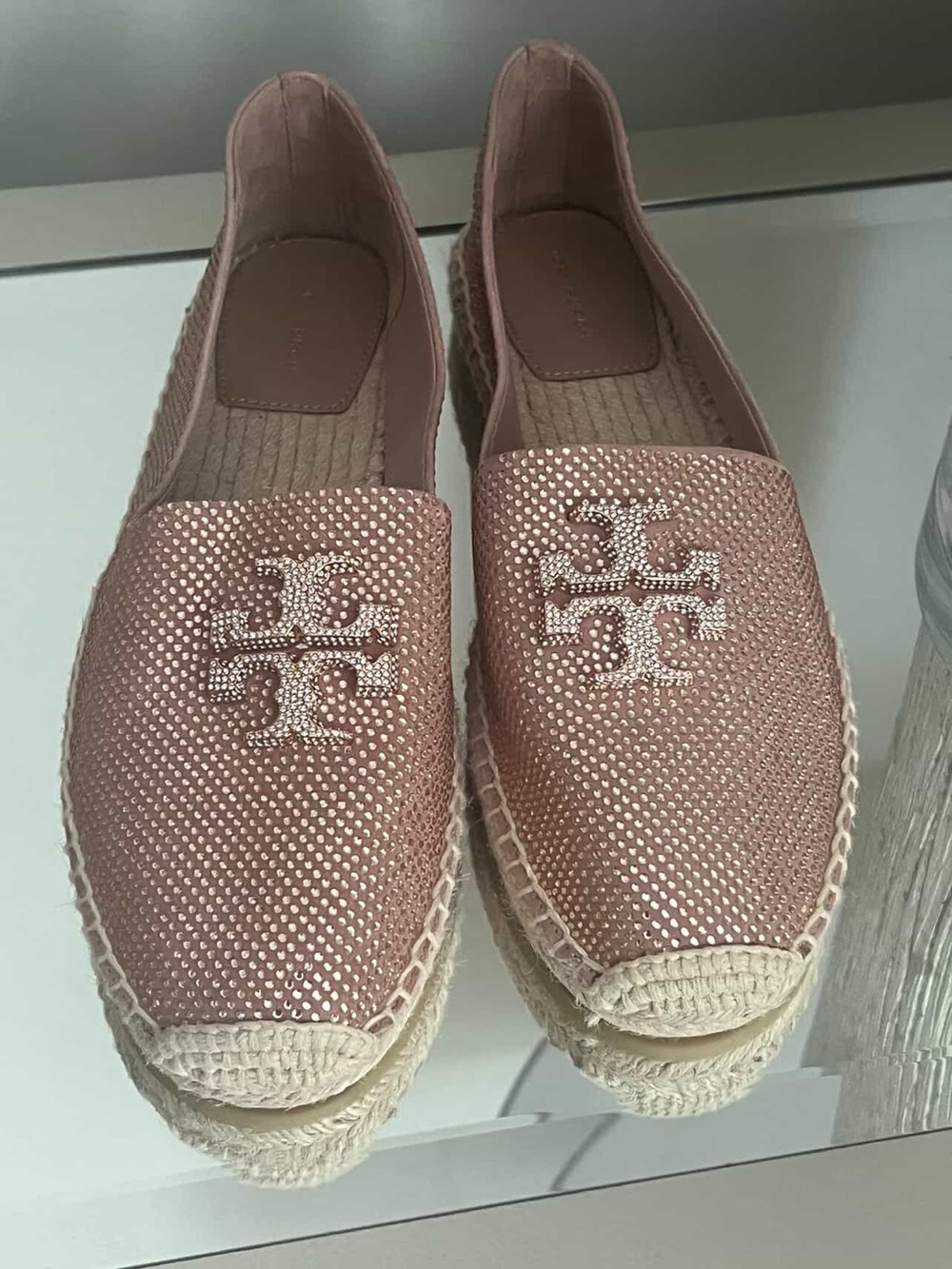Tory Burch Rose Gold Crystal Logo Espadrille Flats